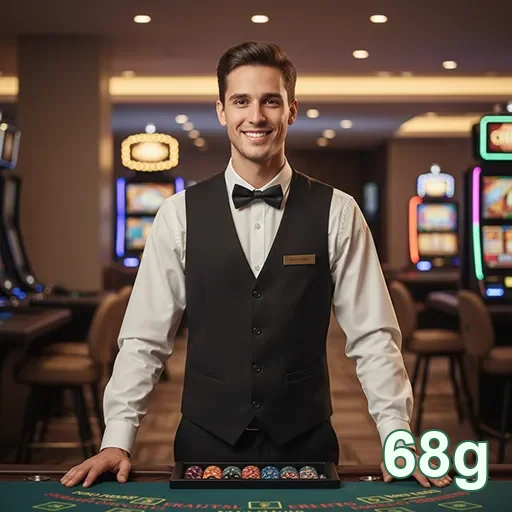 Croupier sorridente em cassino do 68g com fichas.