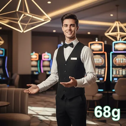 Dealer sorridente em cassino com jogos de slots, 68g.