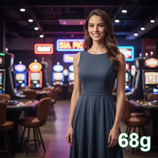 Jogadora sorridente no cassino 68g com máquinas slot ao fundo.