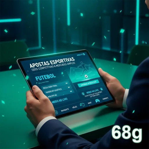 Jogador VIP usando tablet no 68g para apostas esportivas.